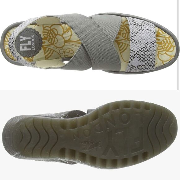 Fly London Yagi Elastic Leather Low Wedge Snake-print Sandal Grey Size 39 - Picture 2 of 12